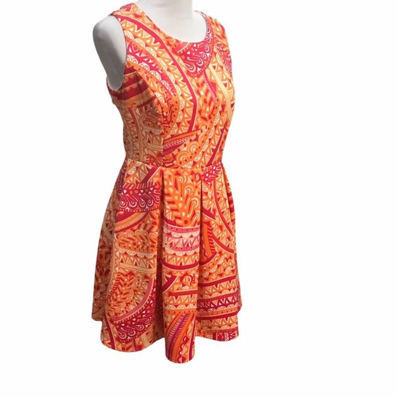 Sandra Darren Womens Sleeveless Fit & Flare Dress Orange Pink & White Sz 10 - Picture 2 of 9